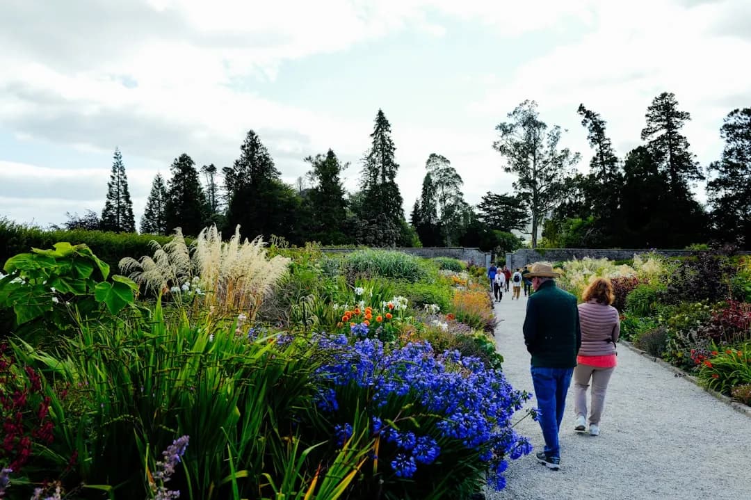 People walking along a path through a colorful botanical garden