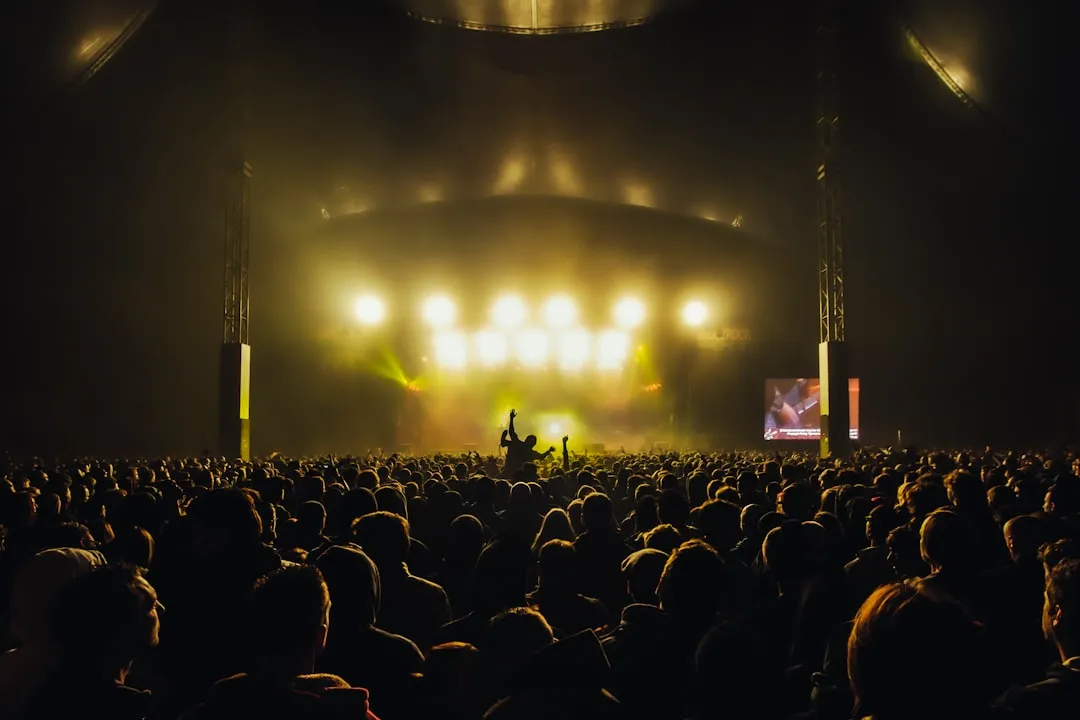 Large crowd at an outdoor music festival with bright stage lights