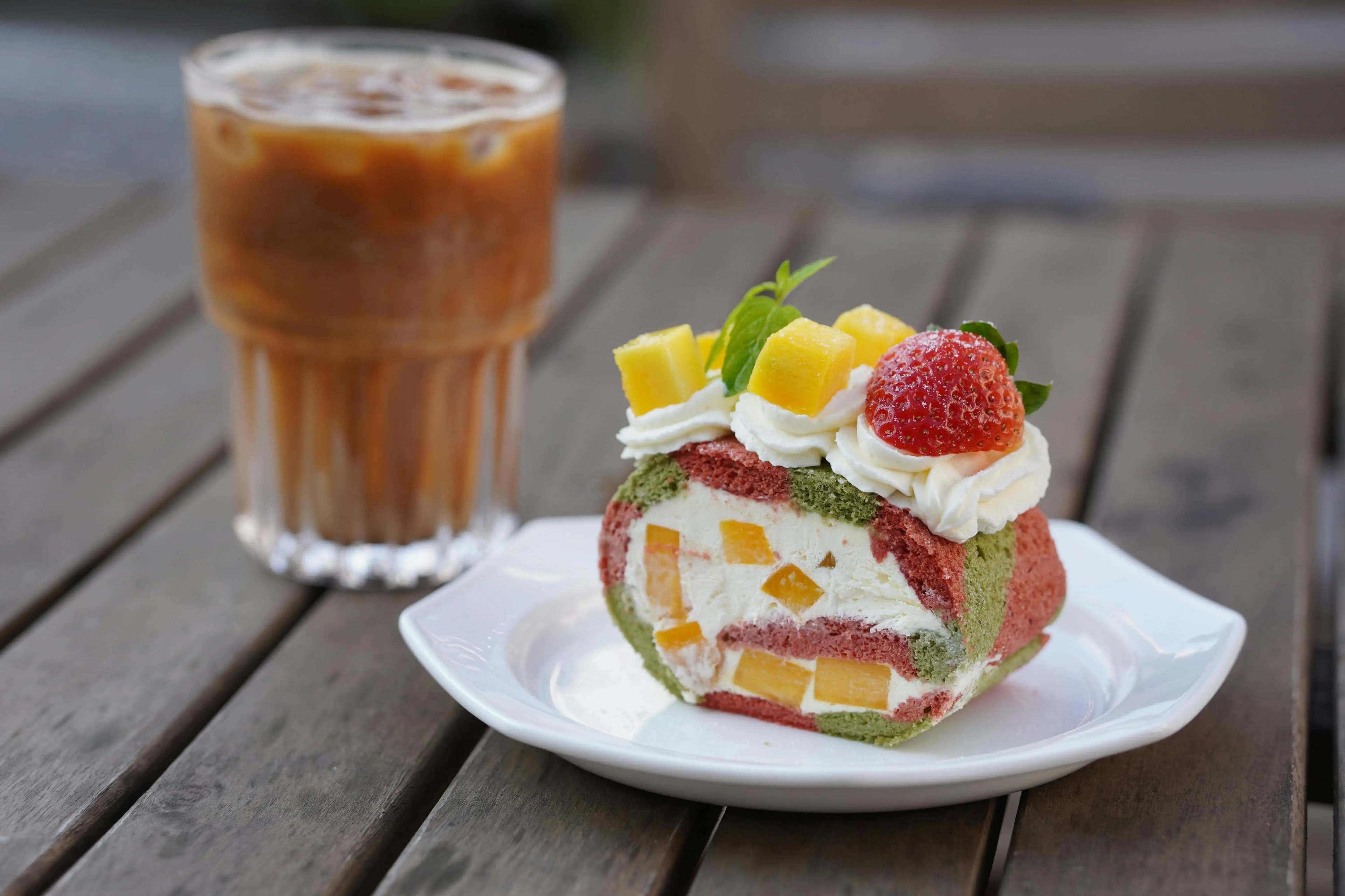 Latte and cake at a cozy cafe