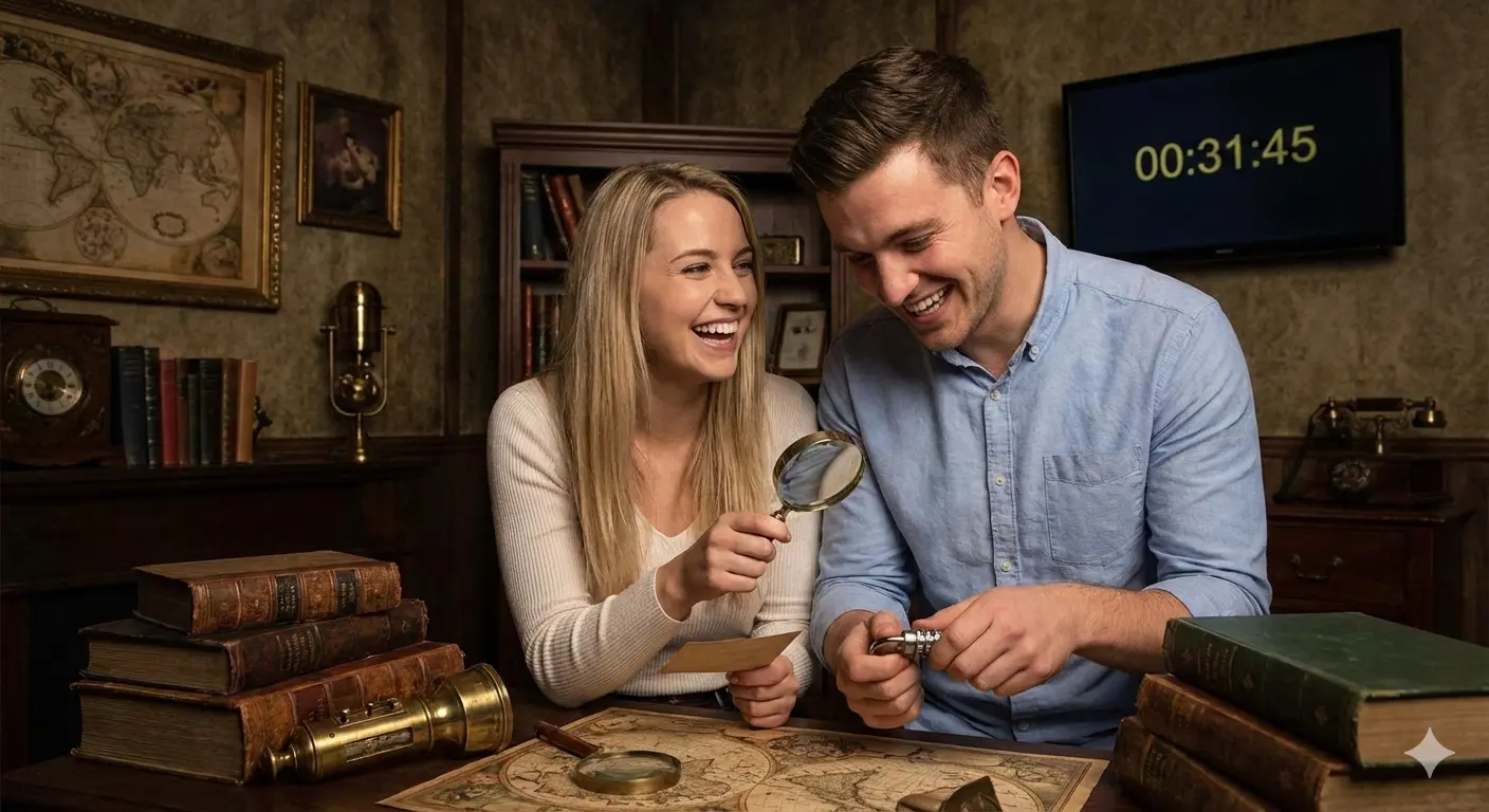 Couple laughing together while solving clues in a mystery escape room