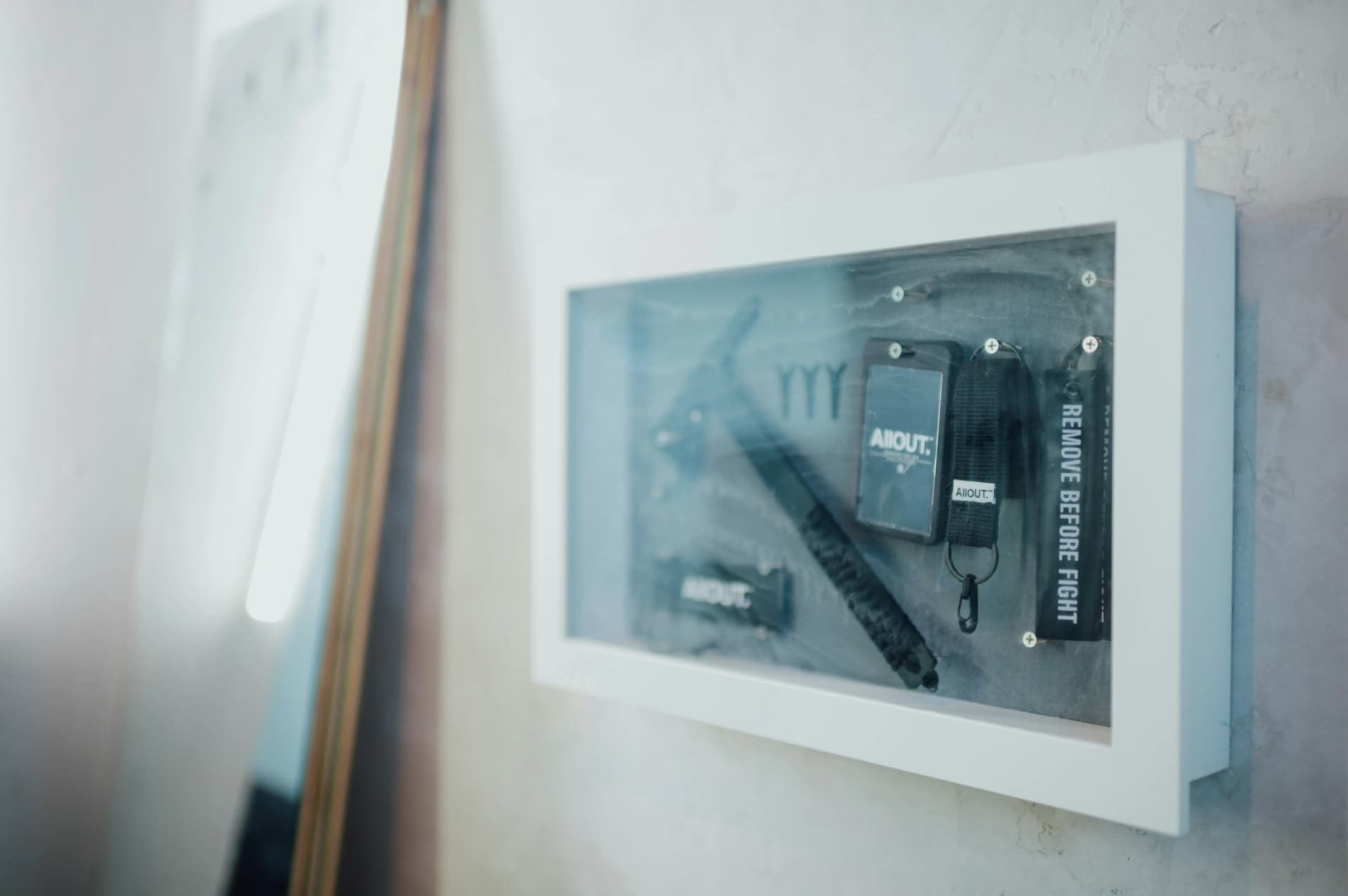 Escape room props and tools mounted on a wall