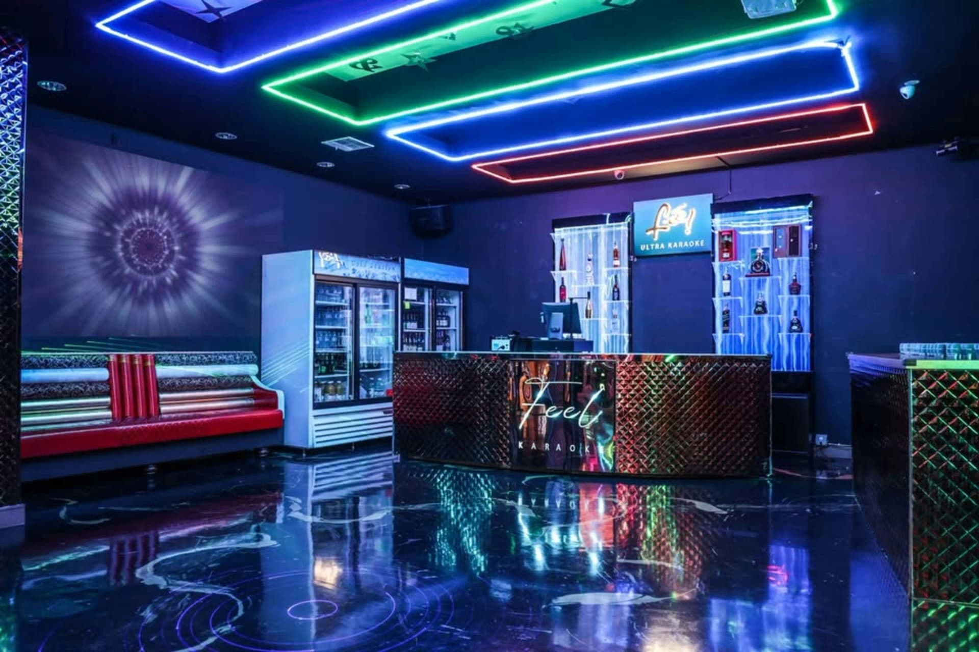 Karaoke venue with stage and seating area