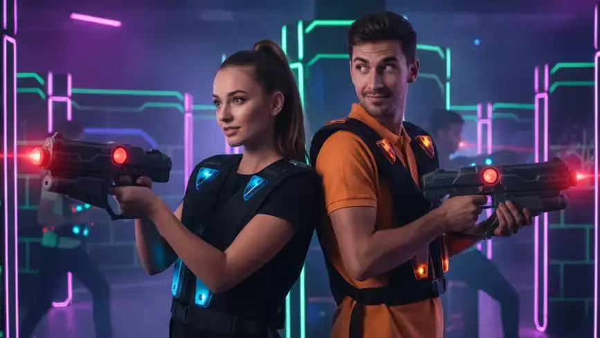 Couple playing laser tag together in a neon arena
